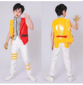 Children kids white gold red leather jazz dance costumes silver sequins rivet go go dancers rapper singers host pianist drummer performance outfits for boys